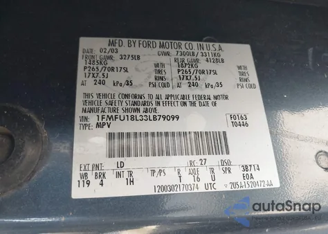 2003 Ford Expedition Eddie Bauer z USA, uszkodzony, nr VIN 1FMFU18L33LB79099